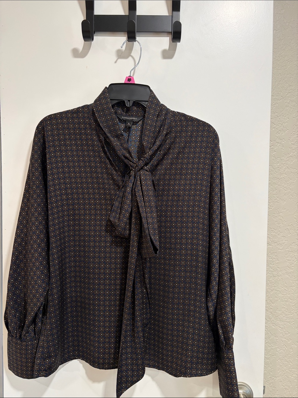 Banana Republic Black Geometric Tie-Neck Shirt